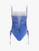 Priscavera Ocean Blue Velvet Lace-Up Ruched One Piece - Thumbnail 2