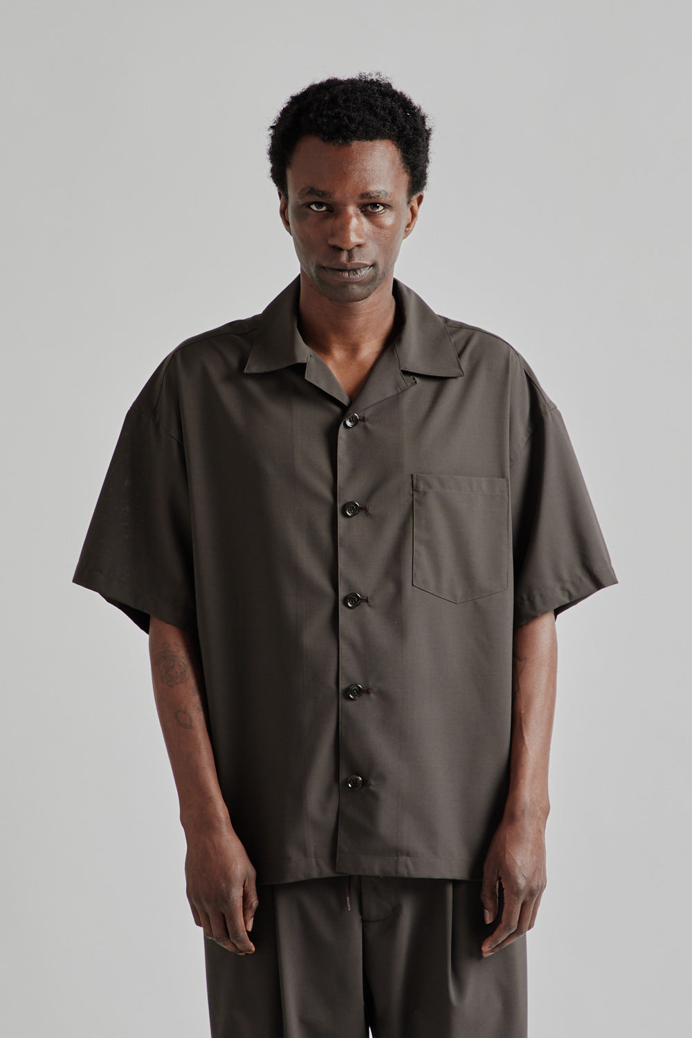 is-ness Open Collar Box Shirts - Brown | Garmentory