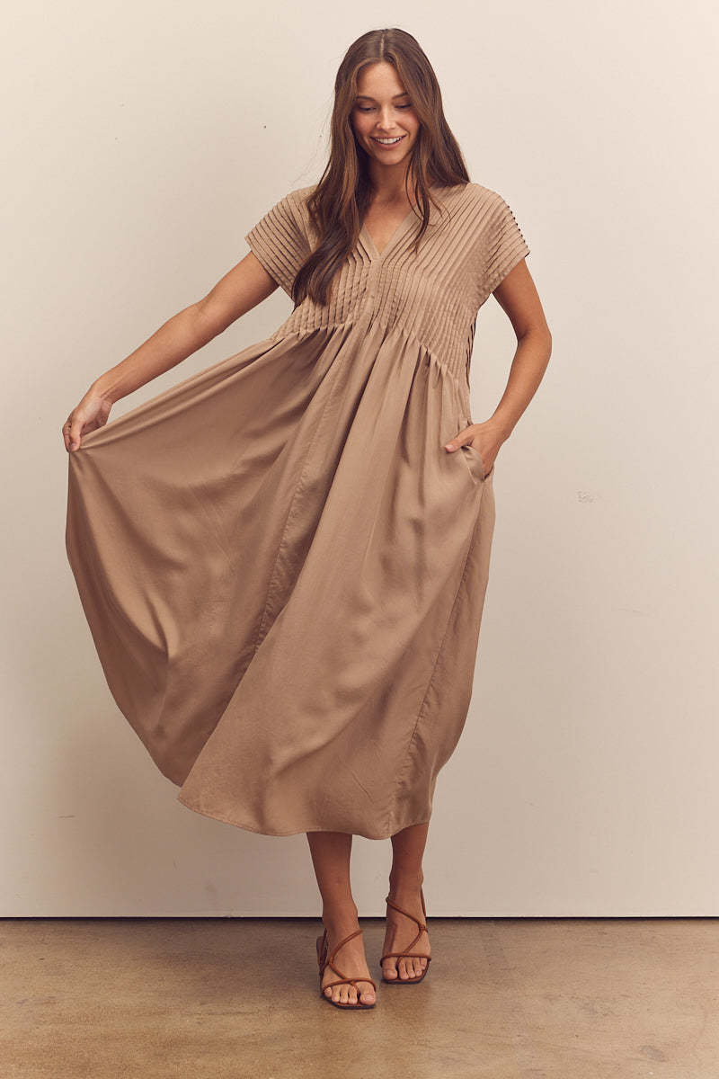 amente Pin-Tucked Midi Dress - Tan | Garmentory