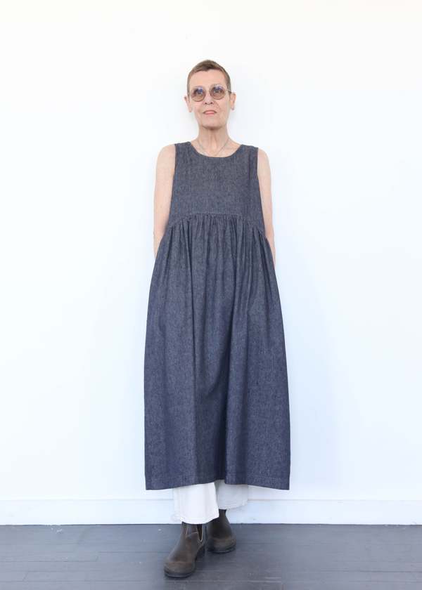 white christmas dresses Deep V-Neck Denim Blue Zero Waste Caftan Dress - M/L