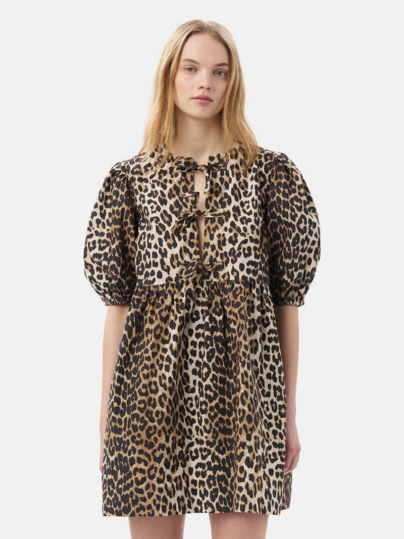 Ganni Leopard Printed Cotton Tie String Mini Dress - multi