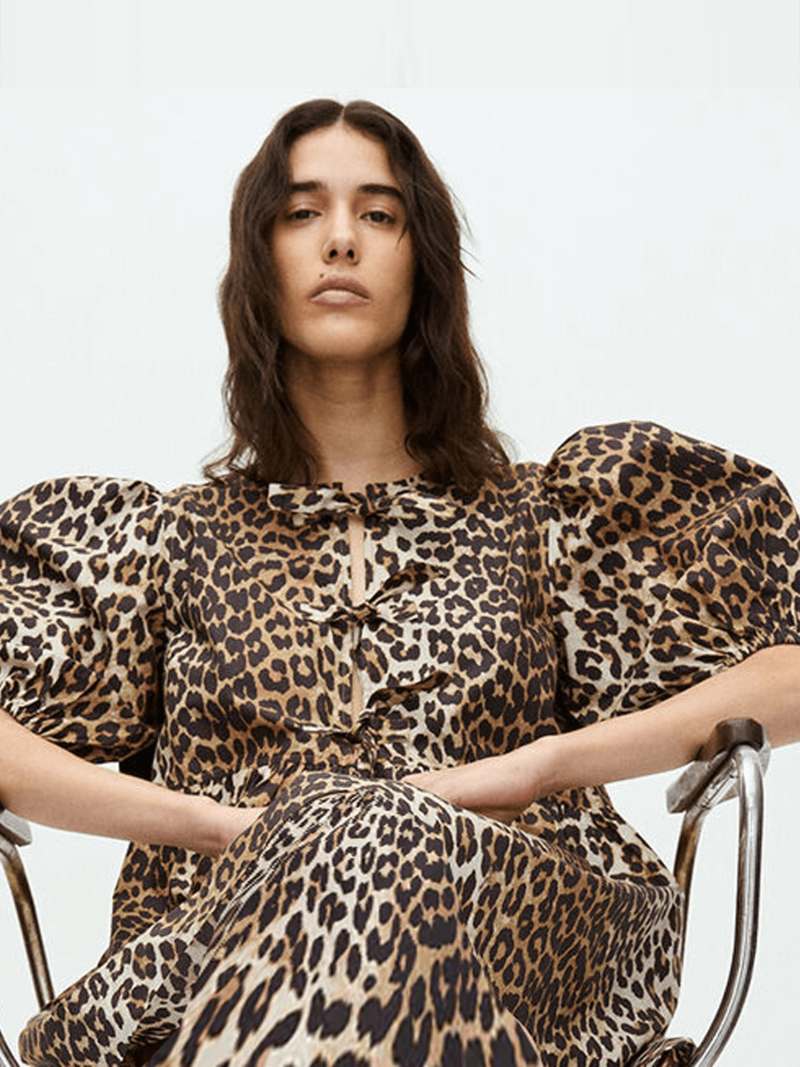 Ganni Leopard Printed Cotton Tie String Mini Dress - multi