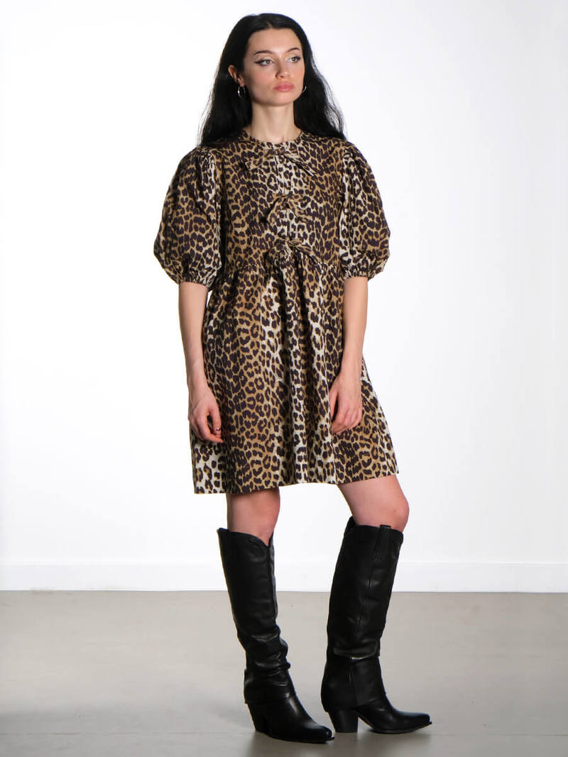 Ganni Leopard Printed Cotton Tie String Mini Dress - multi