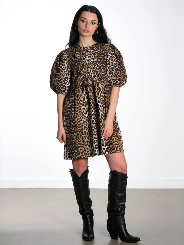 Ganni Leopard Printed Cotton Tie String Mini Dress - multi