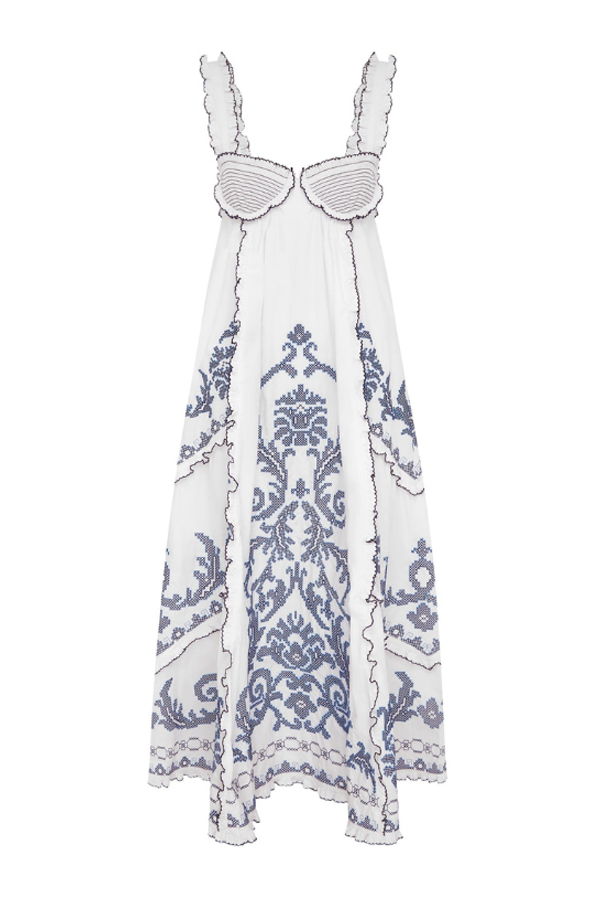 Alemais Hazel Smocked Embroidered Midi Dress - White