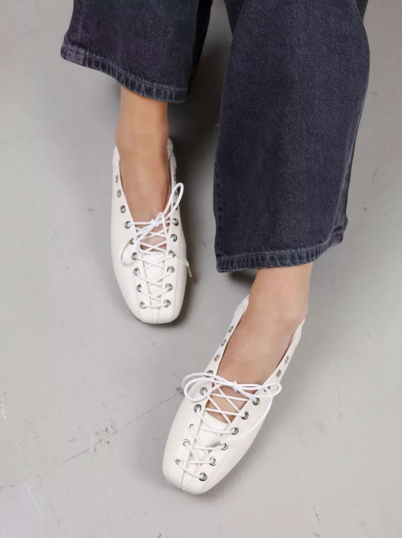 Ganni Eyelets Lace Up Ballerina Flats - Egret | Garmentory