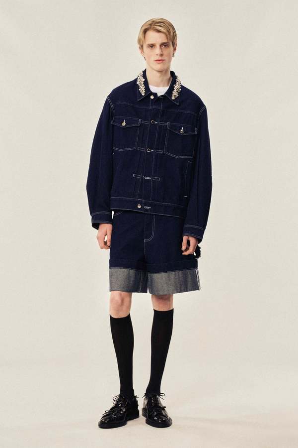 Simone Rocha Embellished Wide Leg Puddle Denim Shorts - Indigo