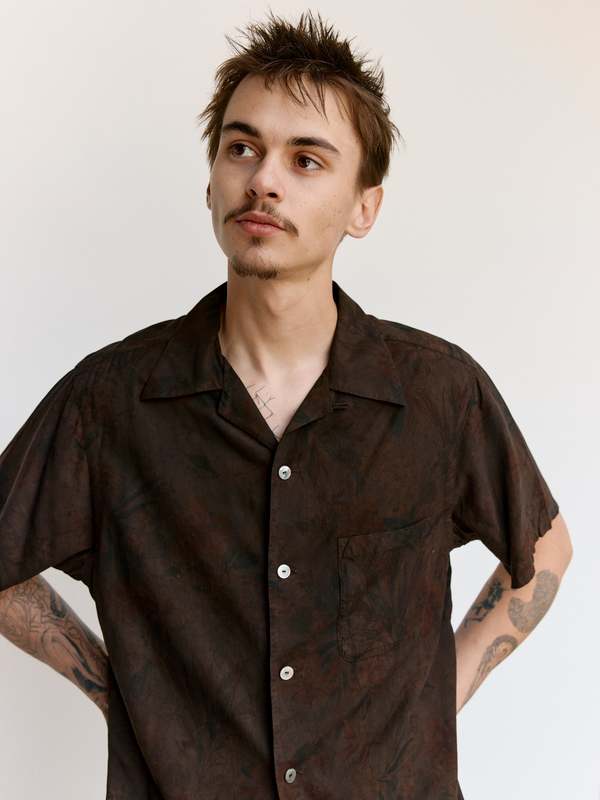 Taiga Takahashi LOT.113 Open Collar Shirt - Mud Dye Brown Taiga Takahashi LOT.113 Open Collar Shirt - Mud Dye Brown