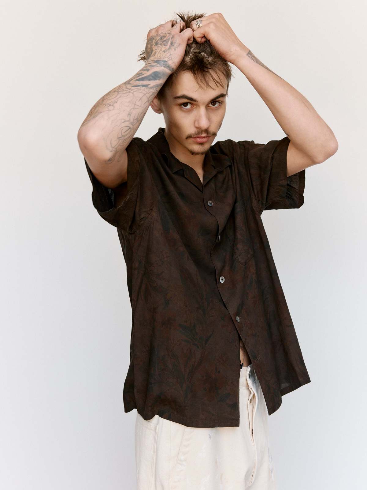 Taiga Takahashi LOT.113 Open Collar Shirt - Mud Dye Brown - Image 3 of 12