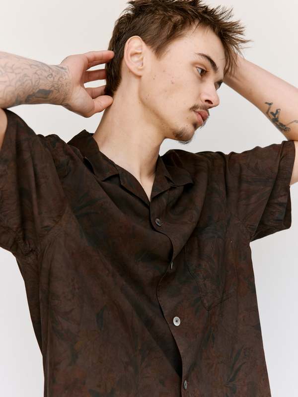 Taiga Takahashi LOT.113 Open Collar Shirt - Mud Dye Brown