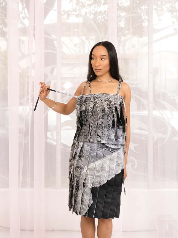 Leeann Huang Lenticular Pleat Tiered Dress - Black/Gray