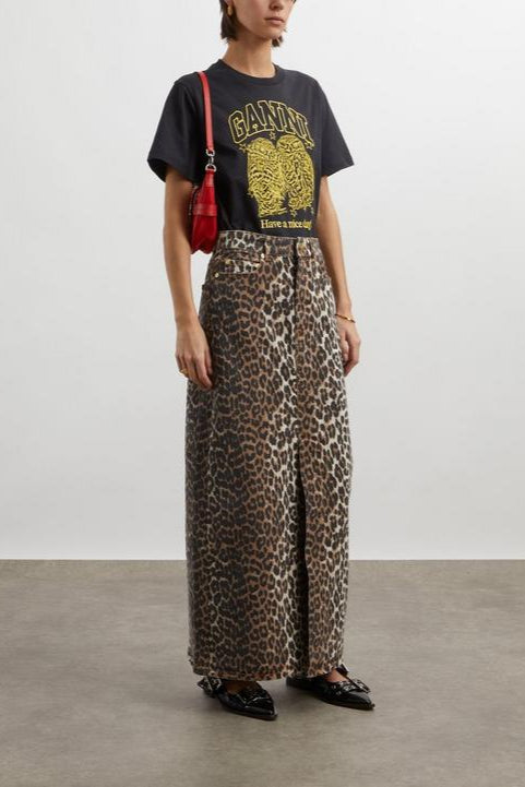 スカート GANNI COTTON DENIM ANIMAL PRINT MAXI SPLIT SKIRT Ganni Leopard Denim Maxi Slit Skirt | Garmentory
