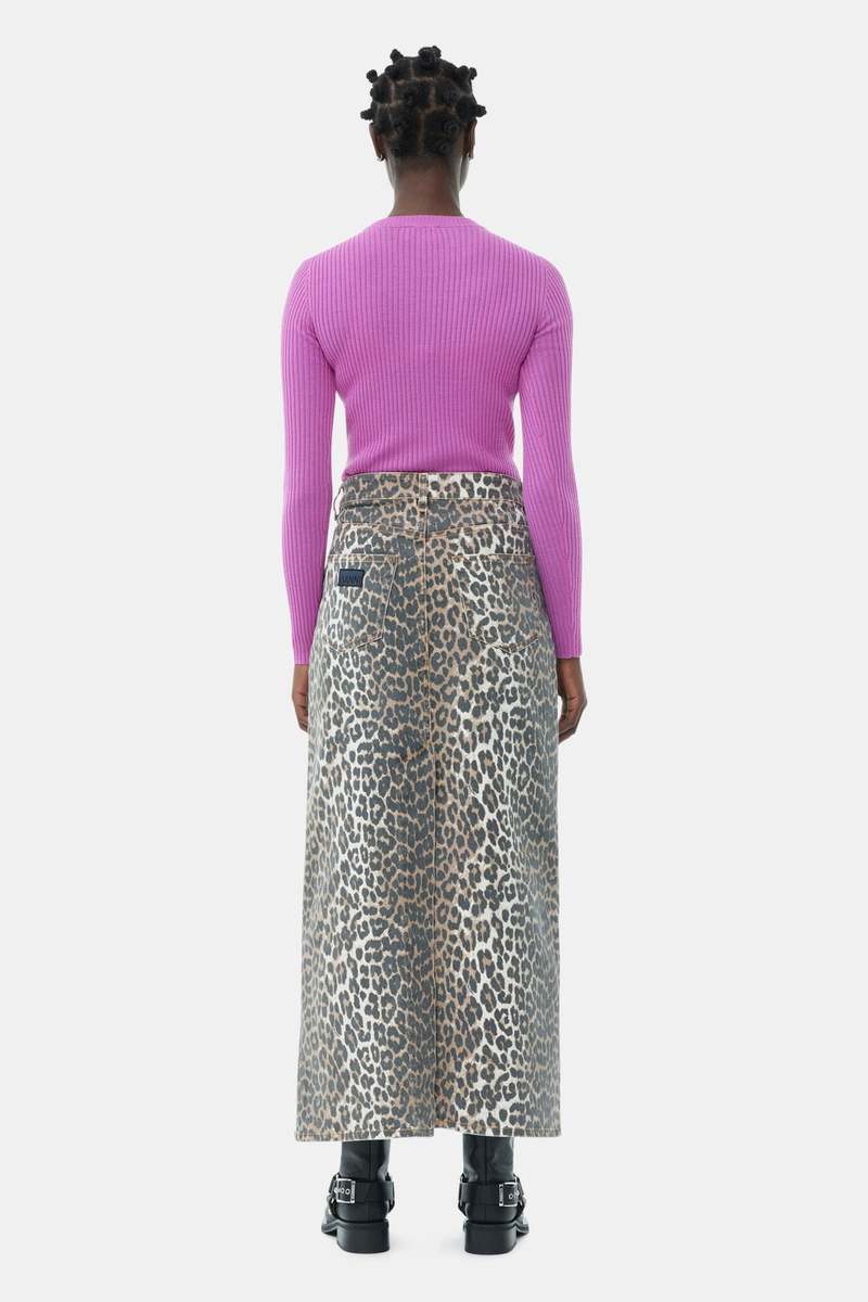 Ganni Leopard Denim Maxi Slit Skirt | Garmentory