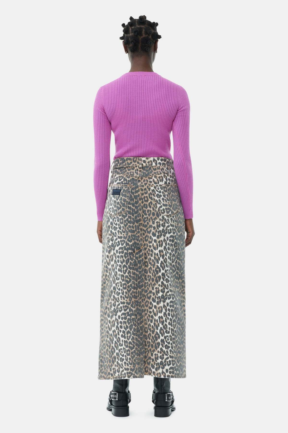スカート GANNI COTTON DENIM ANIMAL PRINT MAXI SPLIT SKIRT Ganni Leopard Denim Maxi Slit Skirt | Garmentory