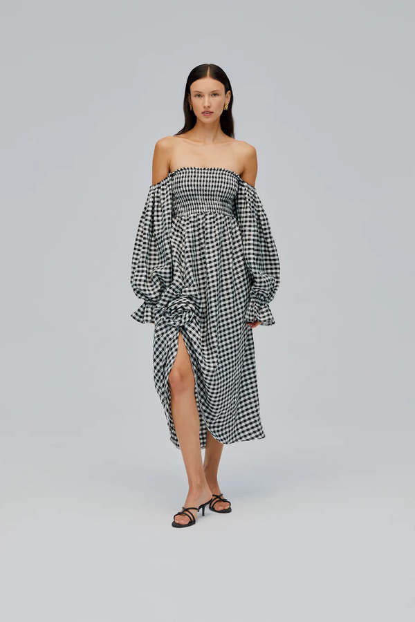 Sleeper Atlanta Linen Dress with Rose Detail - Black Vichy on Garmentory Sleeper Atlanta Linen Dress with Rose Detail - Black Vichy on Garmentory