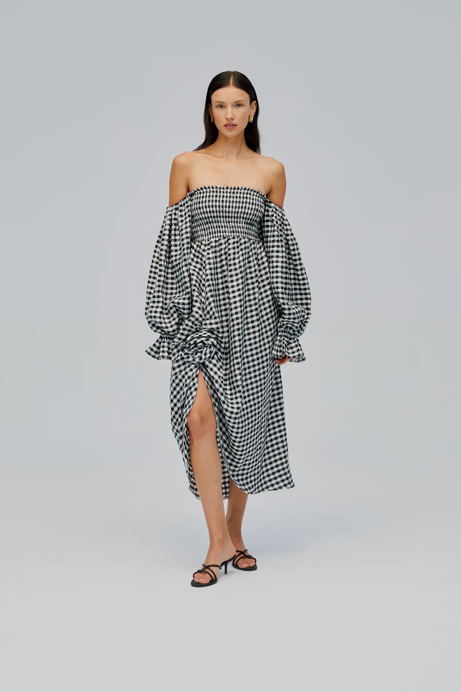 Sleeper Atlanta Linen Dress with Rose Detail - Black Vichy Sleeper Atlanta Linen Dress with Rose Detail - Black Vichy