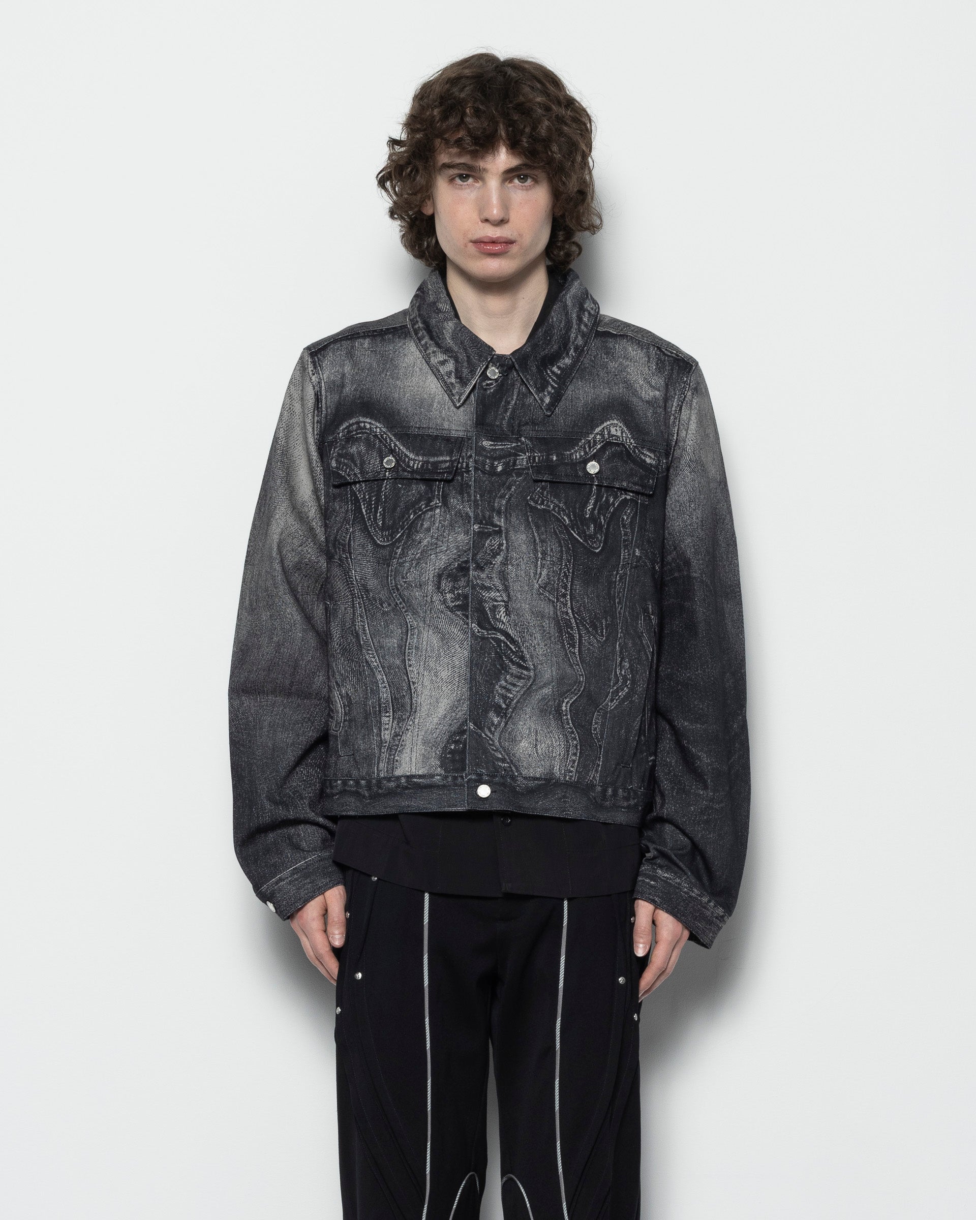 CAMPERLAB Distorted Print Denim Jacket - Black and Grey | Garmentory