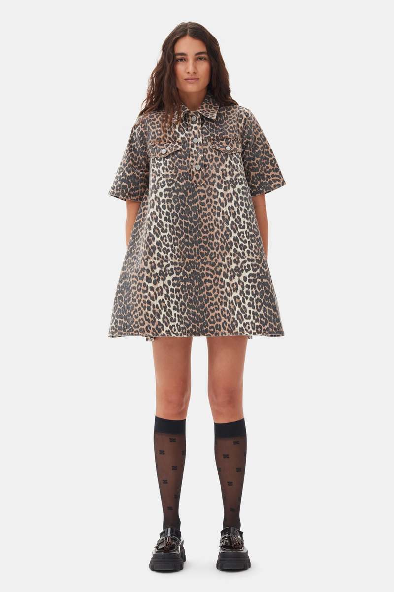 Ganni Print Denim Mini Dress - Leopard