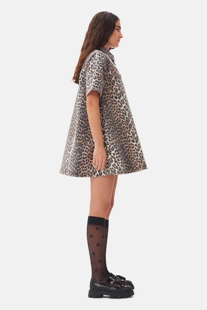 Ganni Print Denim Mini Dress - Leopard