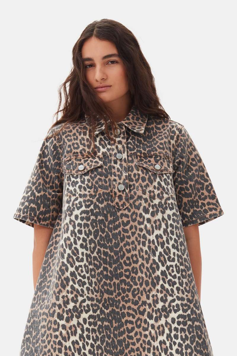 Ganni Print Denim Mini Dress - Leopard