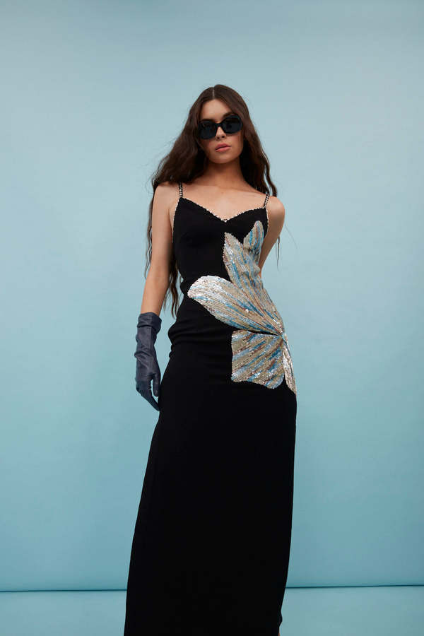 LA FUORI Side Floral Long Dress - Black