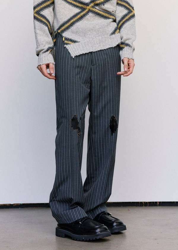 Marni Black Pinstripe Distressed Wool Trousers | Garmentory