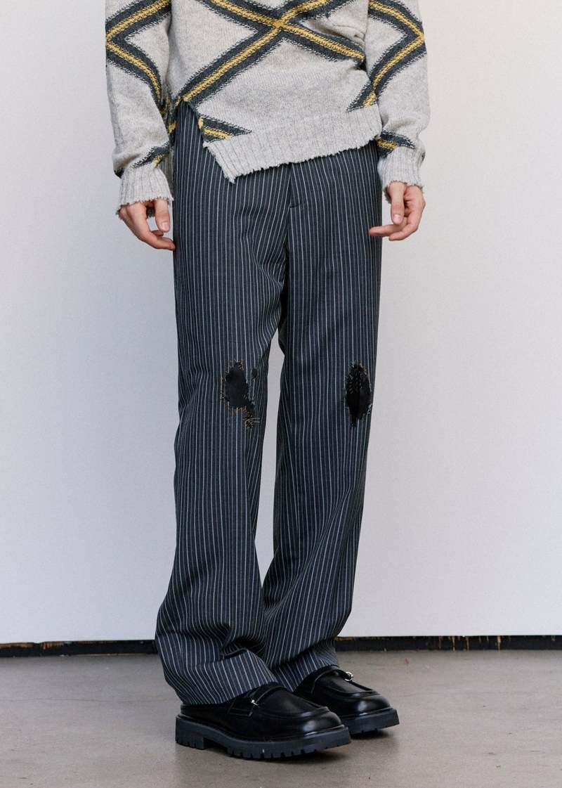 パンツ MARNI BLACK PINSTRIPE WOOL TROUSERS 44 Marni Black Pinstripe Distressed Wool Trousers | Garmentory