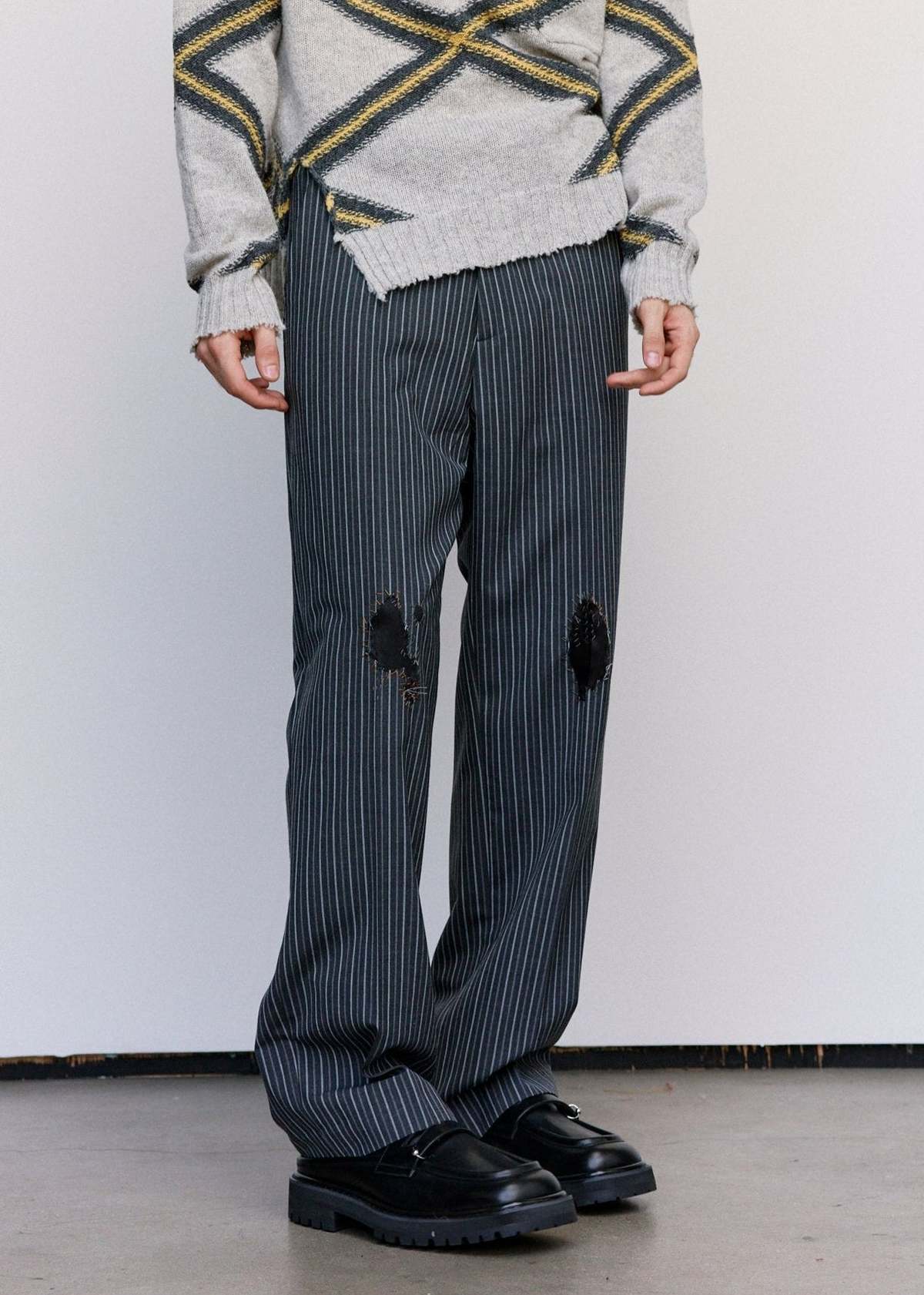 Marni Black Pinstripe Distressed Wool Trousers | Garmentory