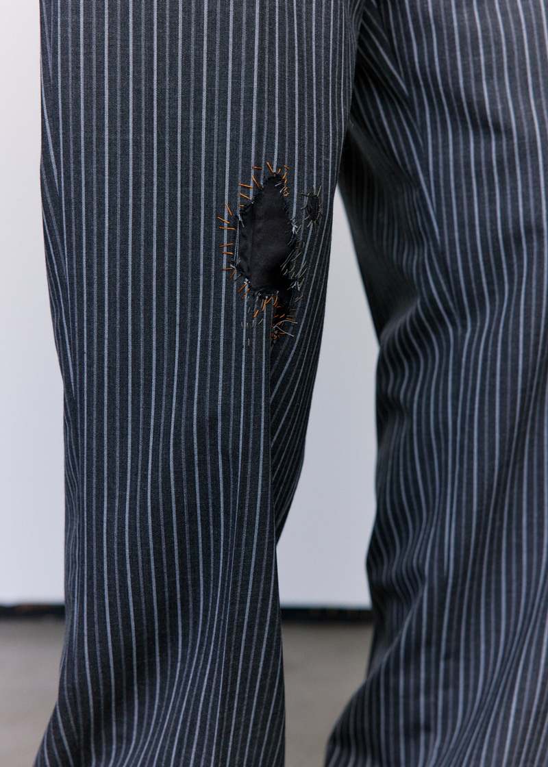 Marni Black Pinstripe Distressed Wool Trousers | Garmentory
