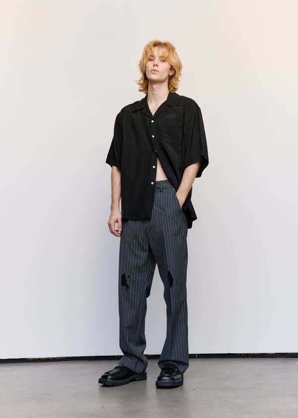Marni Black Pinstripe Distressed Wool Trousers | Garmentory