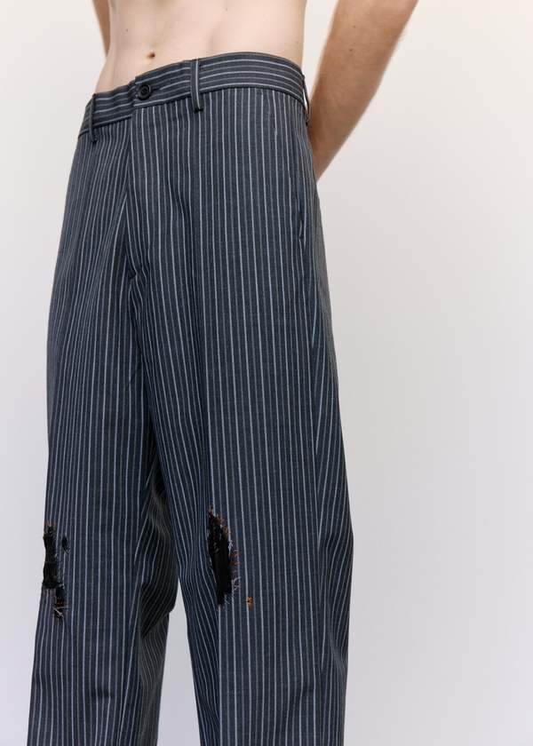 Marni Black Pinstripe Distressed Wool Trousers | Garmentory