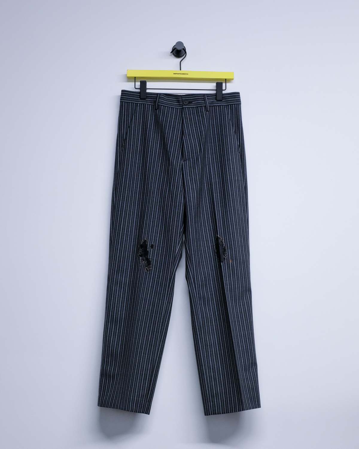 Marni Black Pinstripe Distressed Wool Trousers | Garmentory