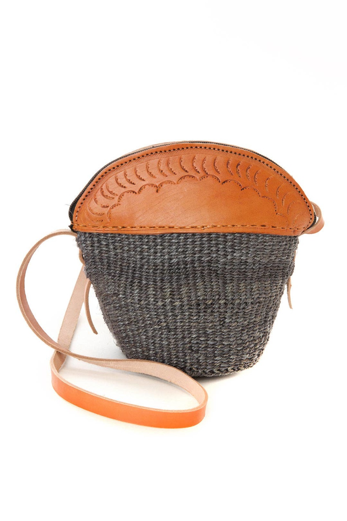 Swahili | AFRICAN MODERN Gray Sisal and Leather Petite Zippered Purse - Image 1 of 2
