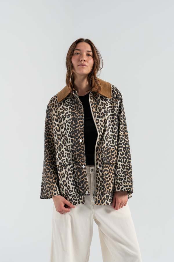 GANNI コットンリネンレオパードジャケット Leopard Printed Canvas Midi Jacket | GANNI US