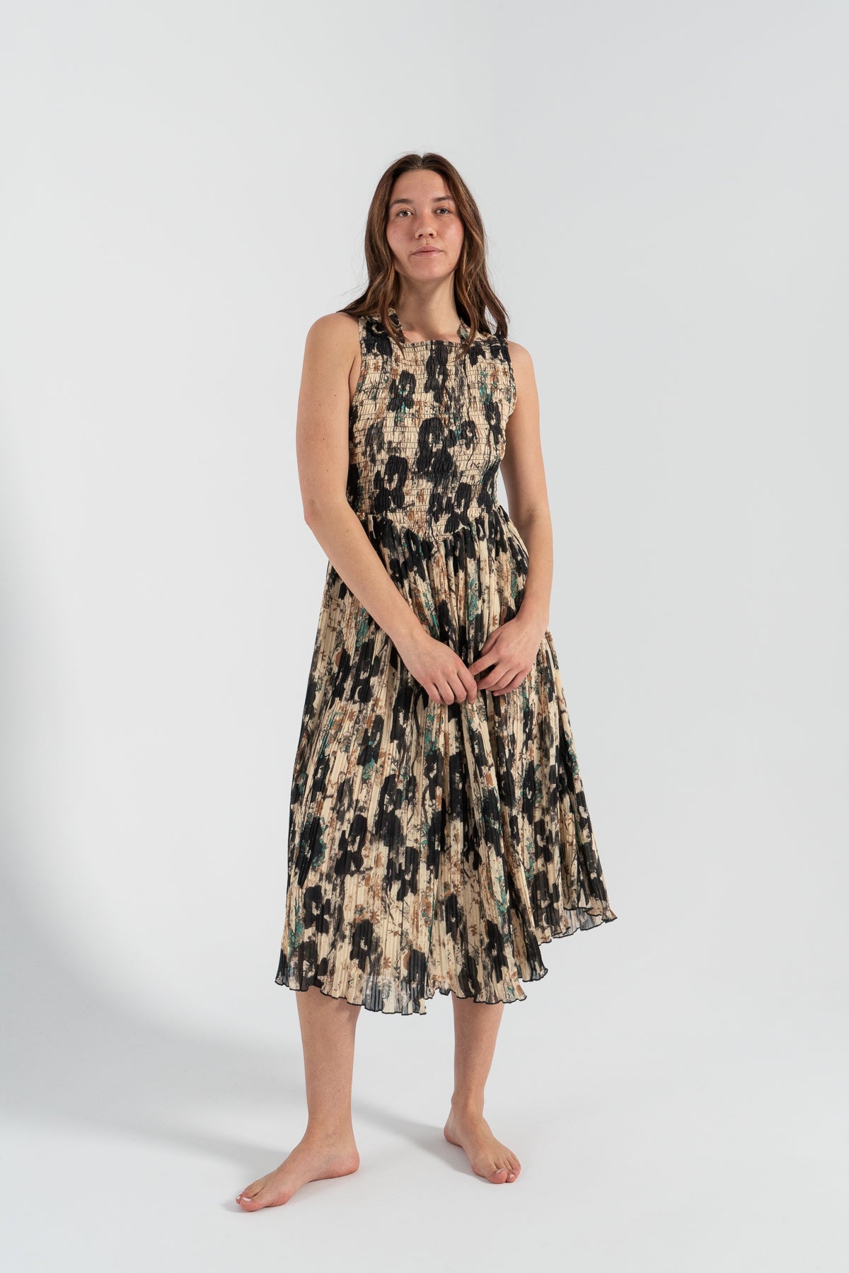 Ganni Printed Pleats Smock Midi Straps Dress - Afterglow
