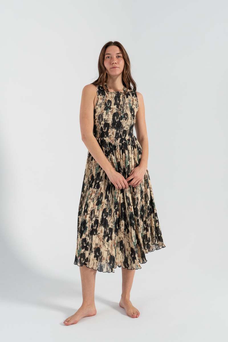 【Ganni】プリントプリーツ スモック ミディストラップ ドレス Ganni Printed Pleats Smock Midi Straps Dress - Afterglow