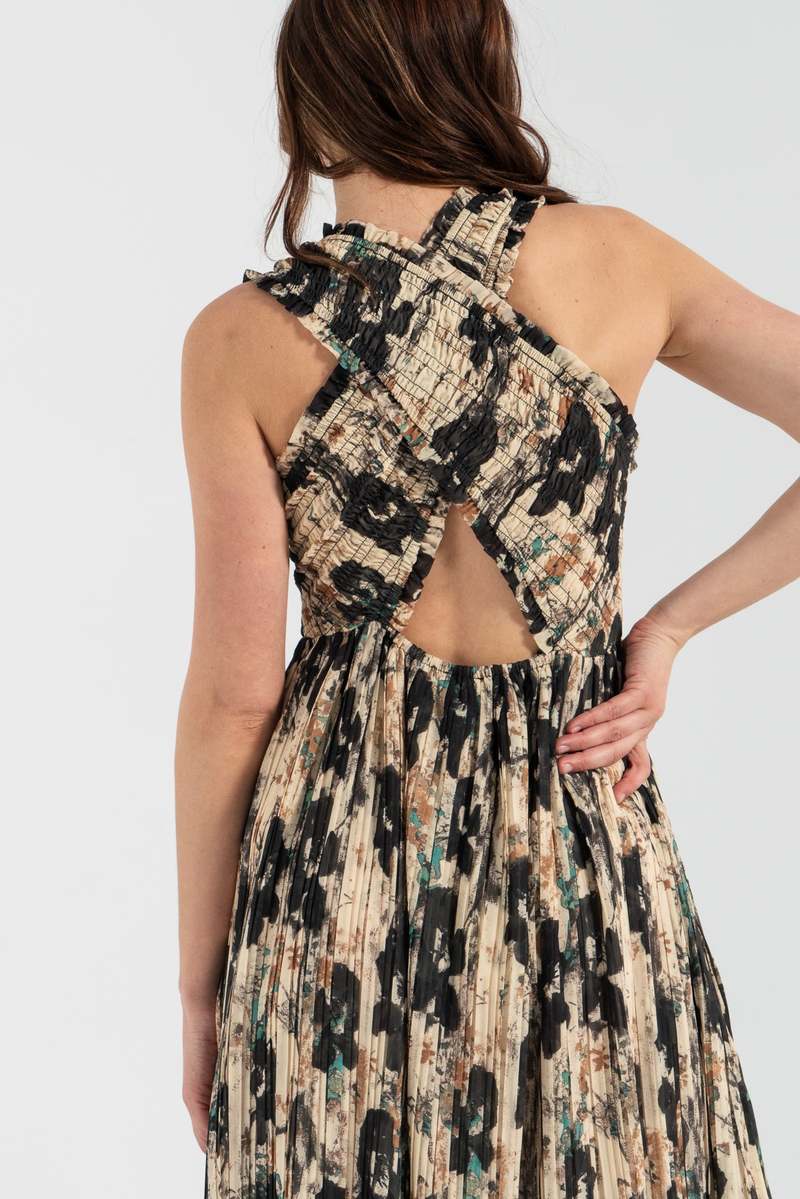 Ganni Printed Pleats Smock Midi Straps Dress - Afterglow