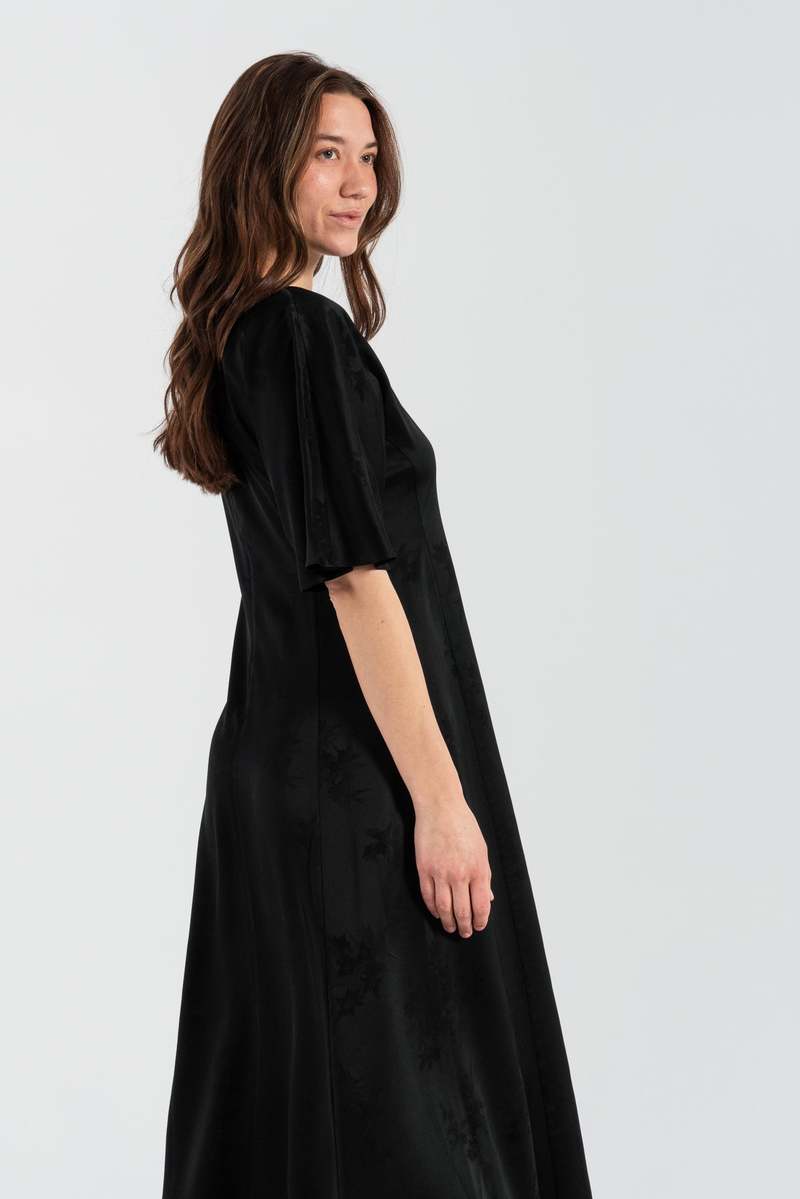 Ganni Fluid Satin Jacquard Slit Long Dress - Black | Garmentory