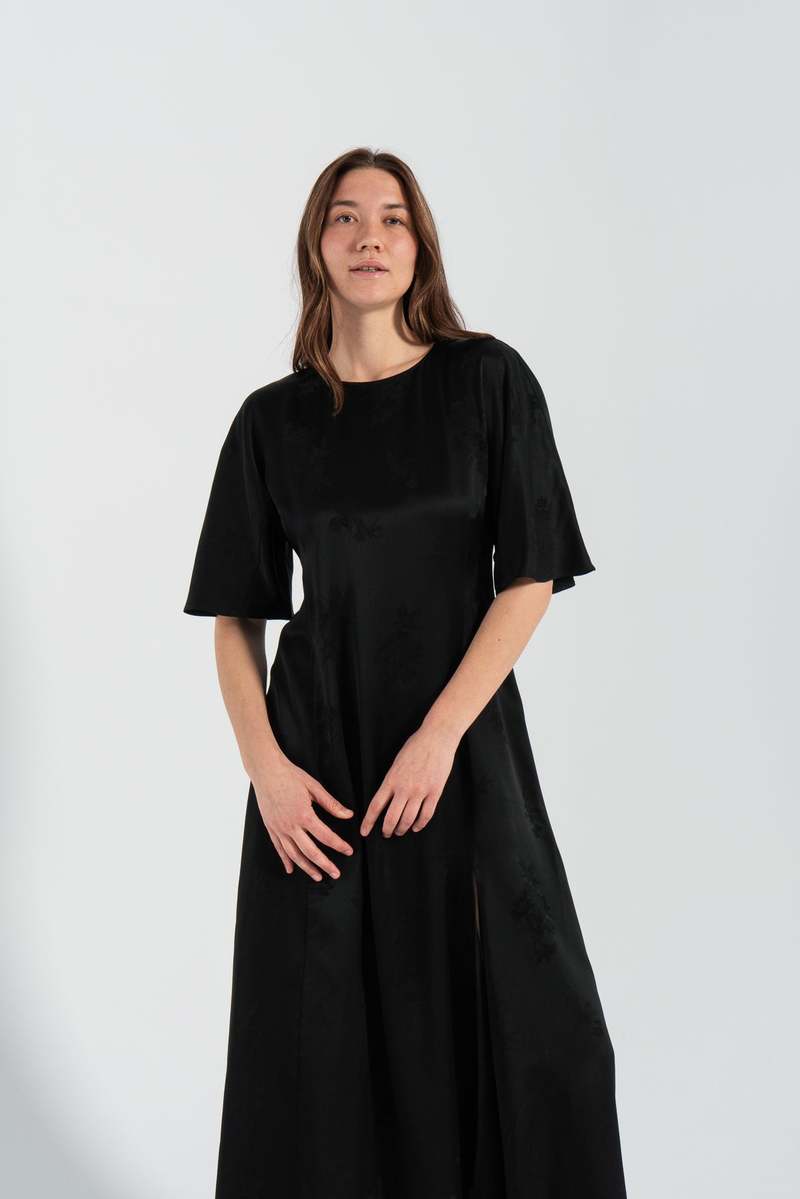 Ganni Fluid Satin Jacquard Slit Long Dress - Black | Garmentory