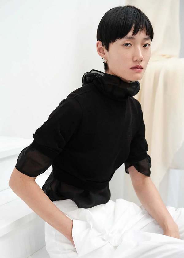 AMOMENTO Knotted Collar Top - Black | Garmentory