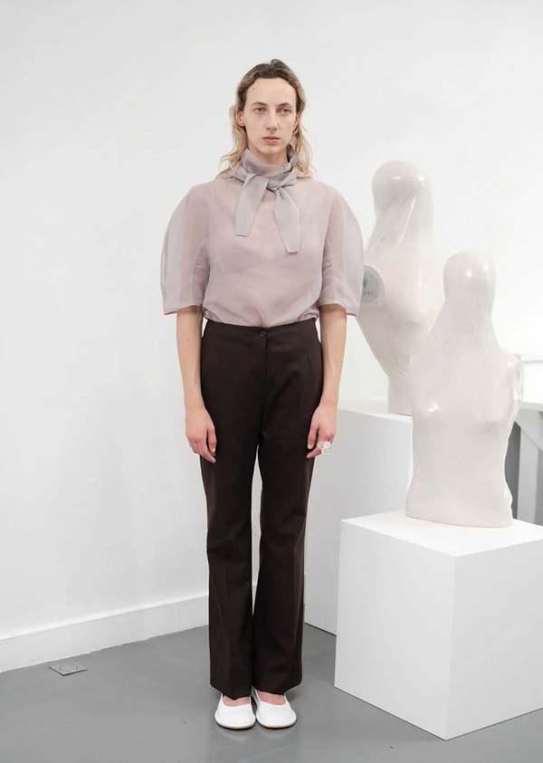 AMOMENTO Grey Knotted Collar Top | Garmentory