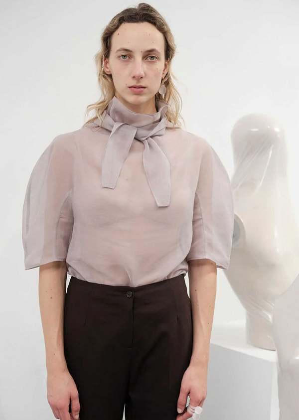 AMOMENTO Grey Knotted Collar Top | Garmentory