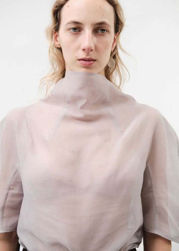 AMOMENTO Grey Knotted Collar Top | Garmentory