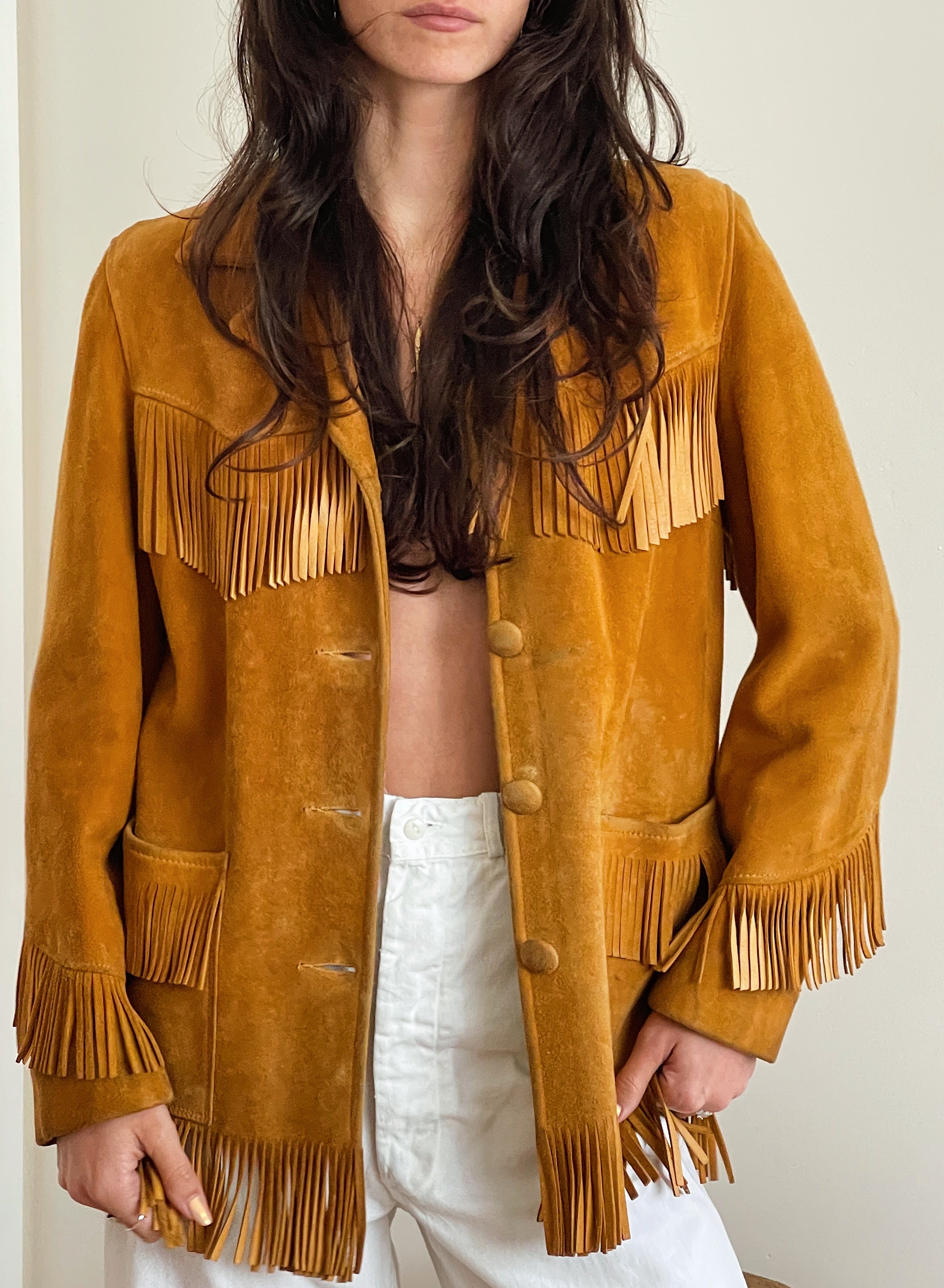 ジャケット Golden  Suede jacket with fringe Men's Suede Brown Leather Fringe Jacket Motorcycle Biker