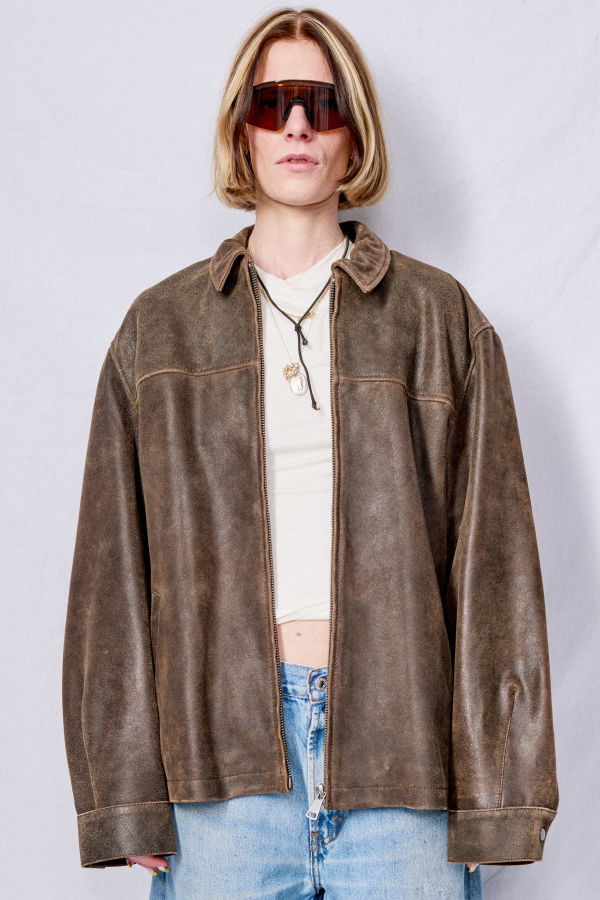 Assembly Cracked Leather Zip Jacket - Brown