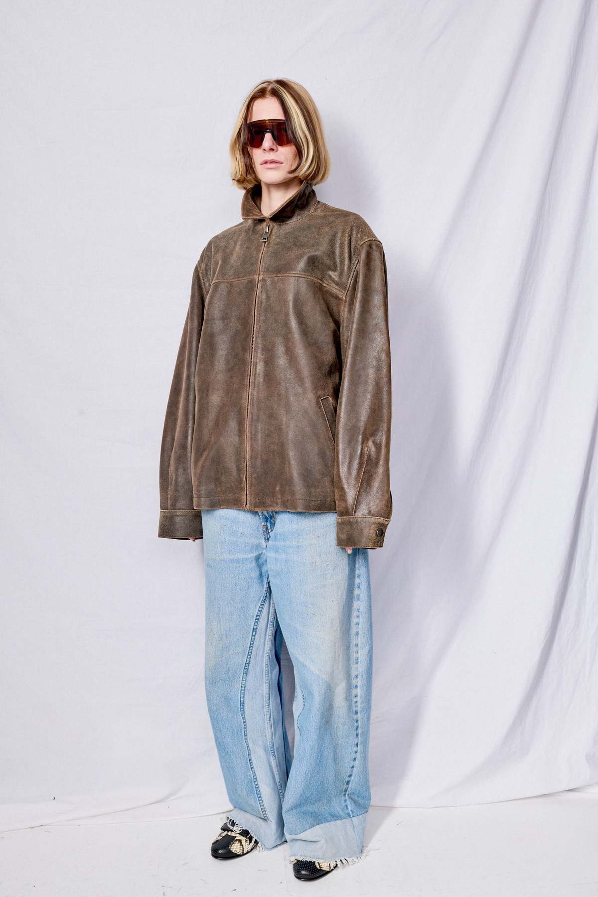 【mnem】Chane Crack Leather Jacket Cracked Leather Jacket | GUESS