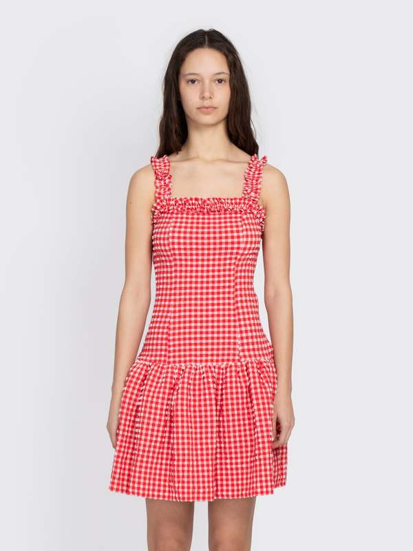 strapless open back dress Crinkled Taffeta Check Frill Mini Dress