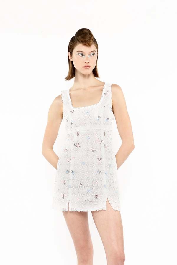 Anna Sui Embroidered Lacey Trellis Mini Dress - White Multi on Garmentory Anna Sui Embroidered Lacey Trellis Mini Dress - White Multi on Garmentory