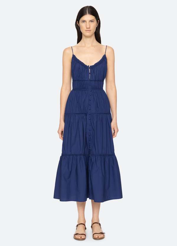 knee length dresses for ladies Freya Blueberry and Lilac Spot Midi Dress – Scarlett & Jo main image 1