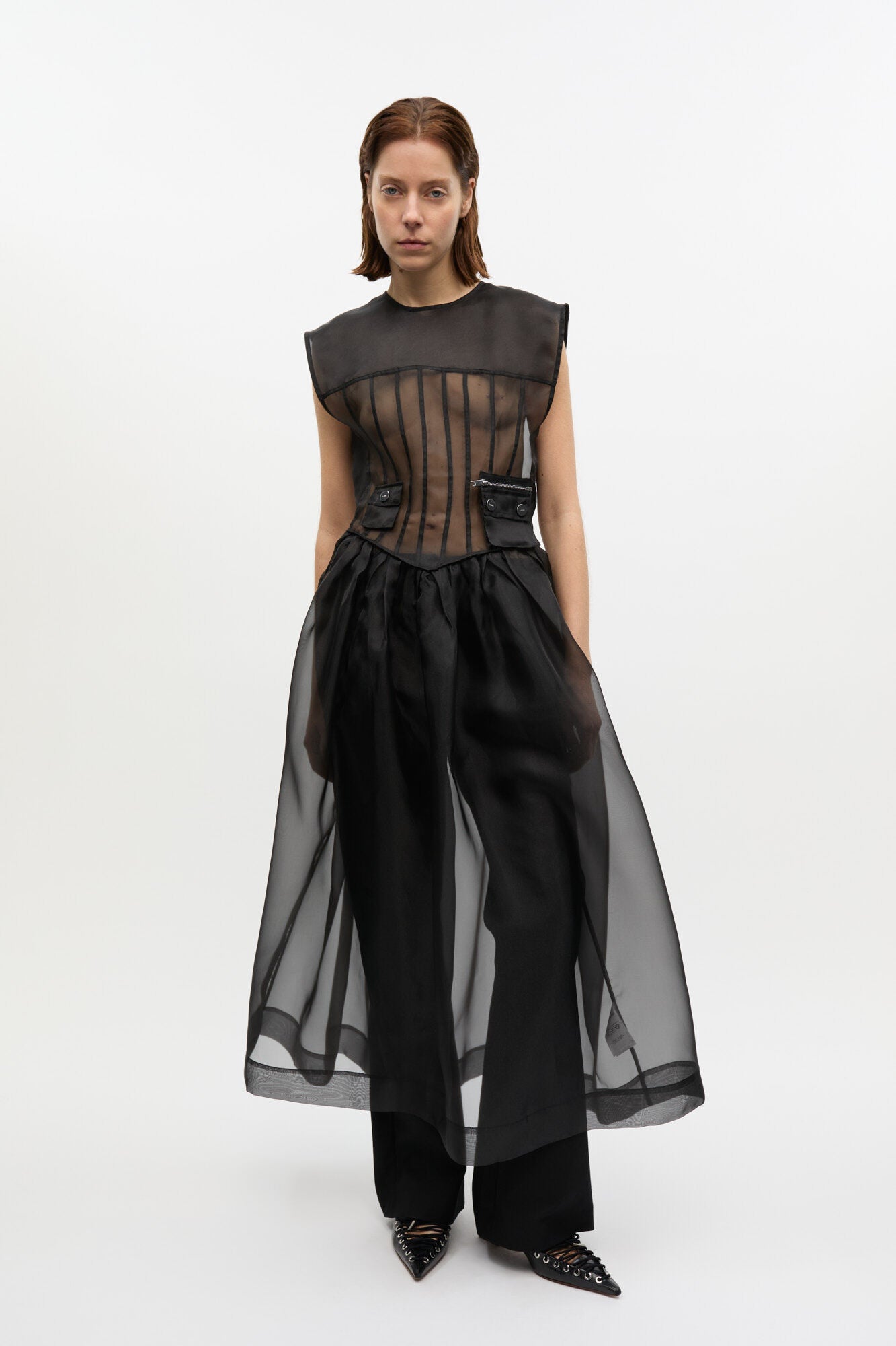 ganni technical organza dress Ganni Technical Organza Corset Midi Dress